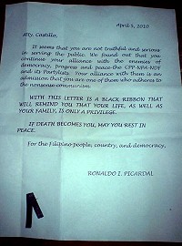 The death threat letter to Atty. Castillo
